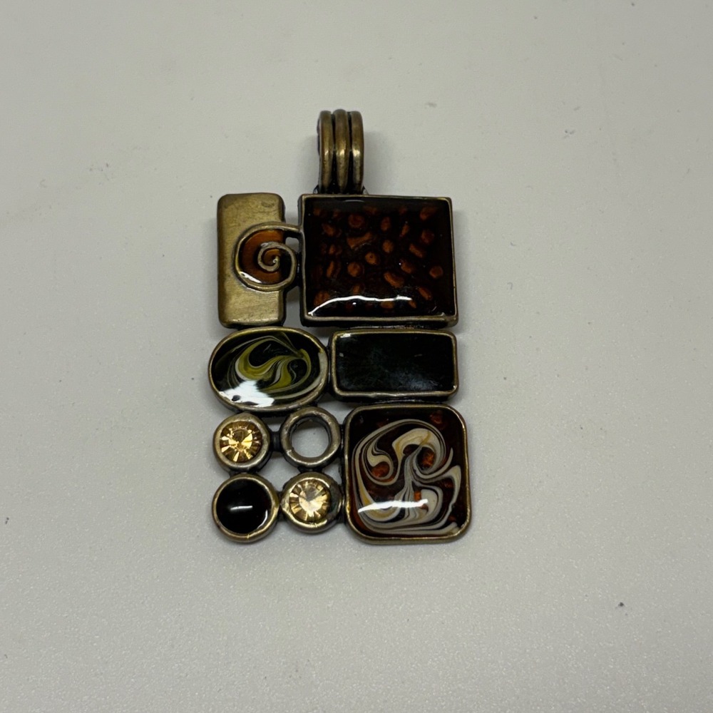 Vintage Style Magnetic Enhancer Pendant Brown Enamel Geometric Mosaic Brass Tone